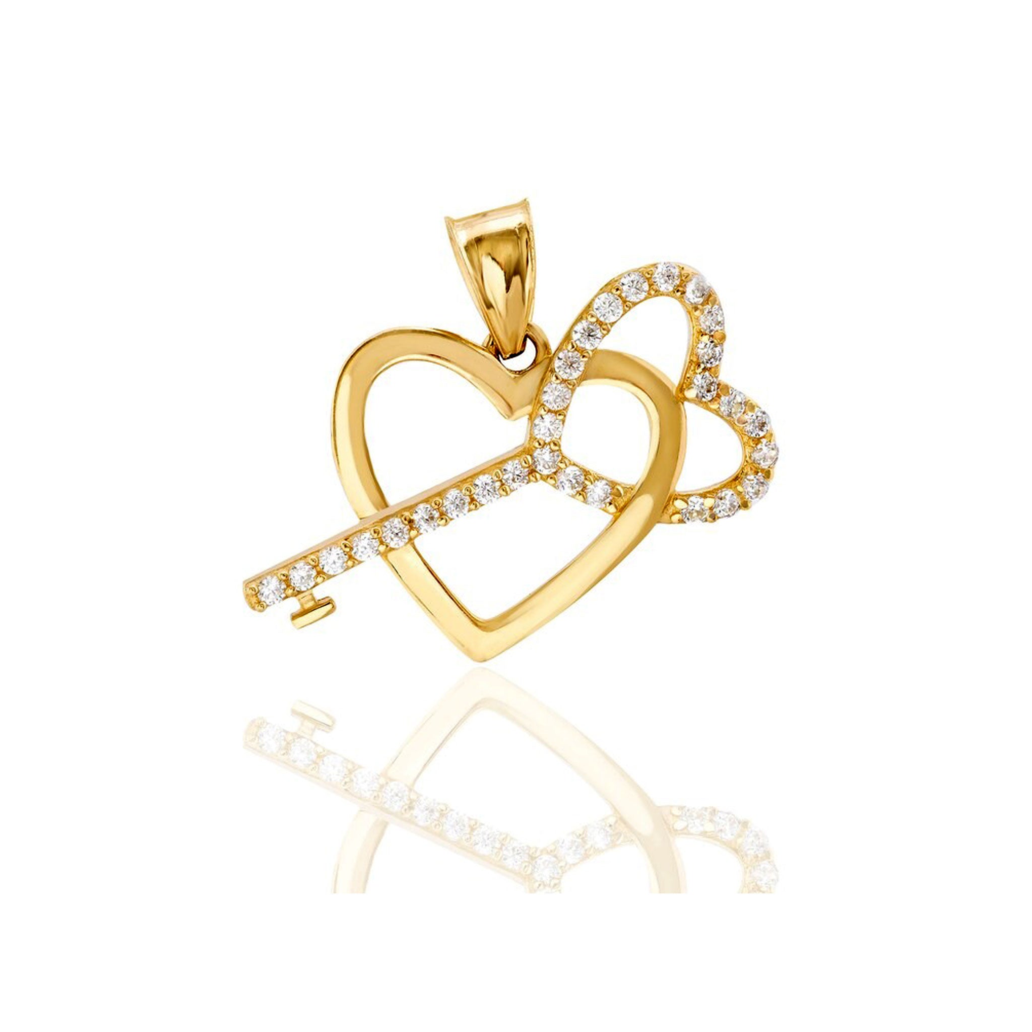 14k Dainty Heart & Key Pendant - CZ Key to My Heart Pendant