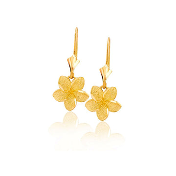 14k Dangling Flower Hawaiian Earrings - Plumeria Drop Earrings- Yellow Gold