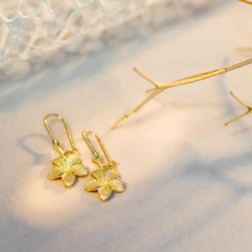 14k Dangling Flower Hawaiian Earrings - Plumeria Drop Earrings- Yellow Gold