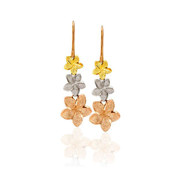 14k Dangling Tricolor Hawaiian Earrings- Yellow Gold/White Gold/Rose Gold Flower Earrings- Plumeria Flower