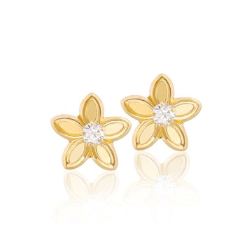 14k Flower Stud Earrings- Solid Gold- Hawaiian Flower- Plumeria Flower Studs- CZ