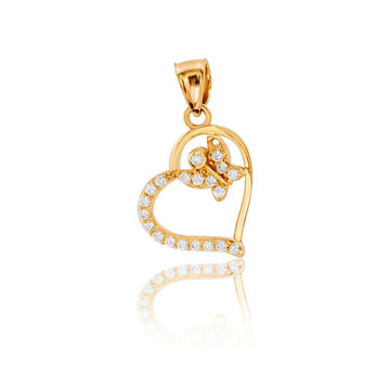 14k Solid Gold CZ Butterfly Heart Pendant