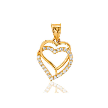 14k Solid Gold Double Heart CZ Pendant