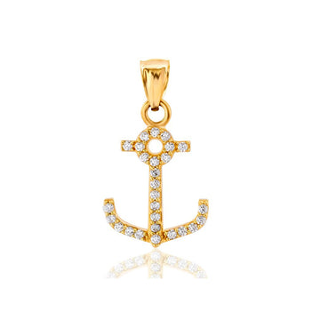 14k Solid Yellow Gold CZ Encrusted Anchor Pendant