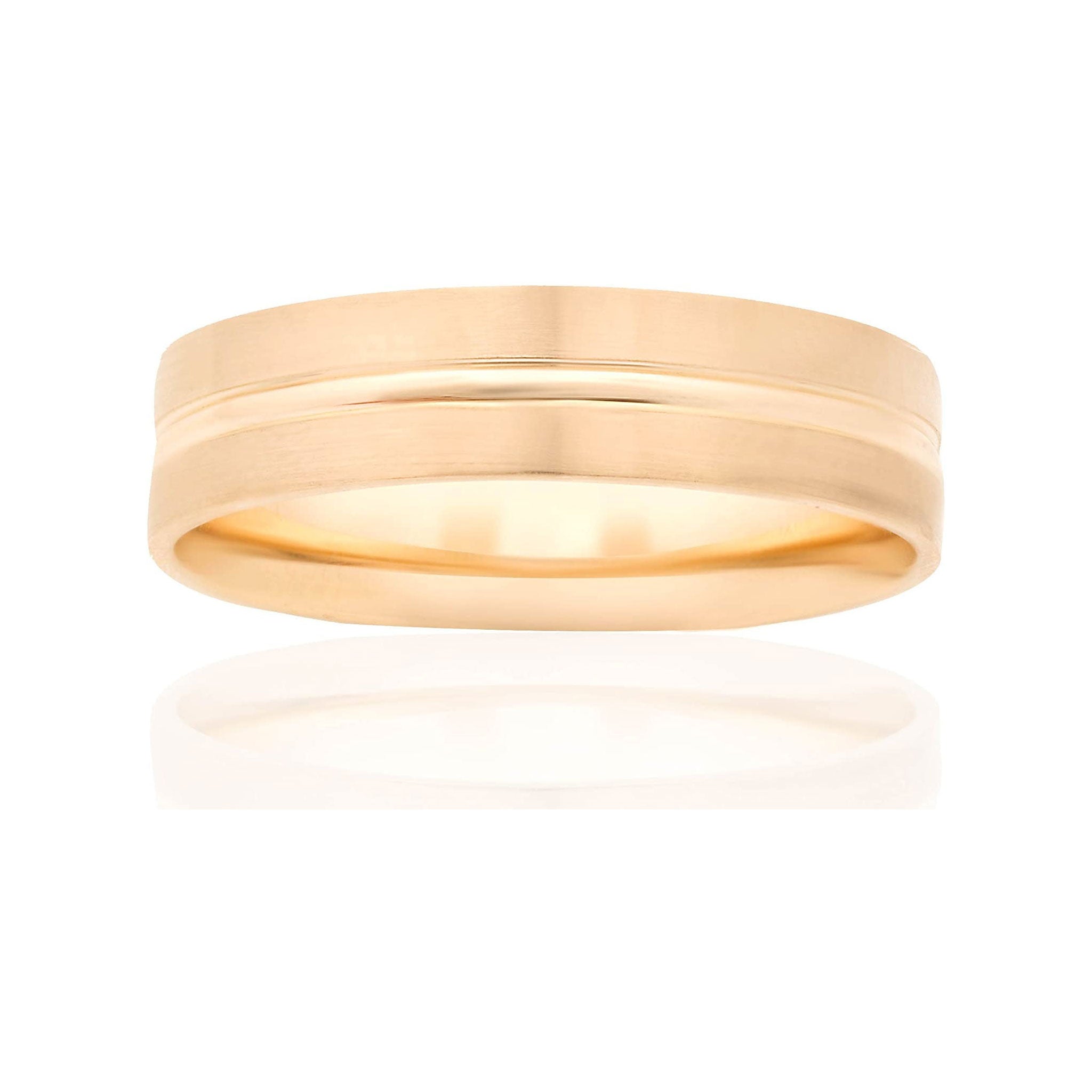14K Gold 6mm Comfort-Fit Satin-Finished with High Polished Center Cut Carved Design Wedding Band