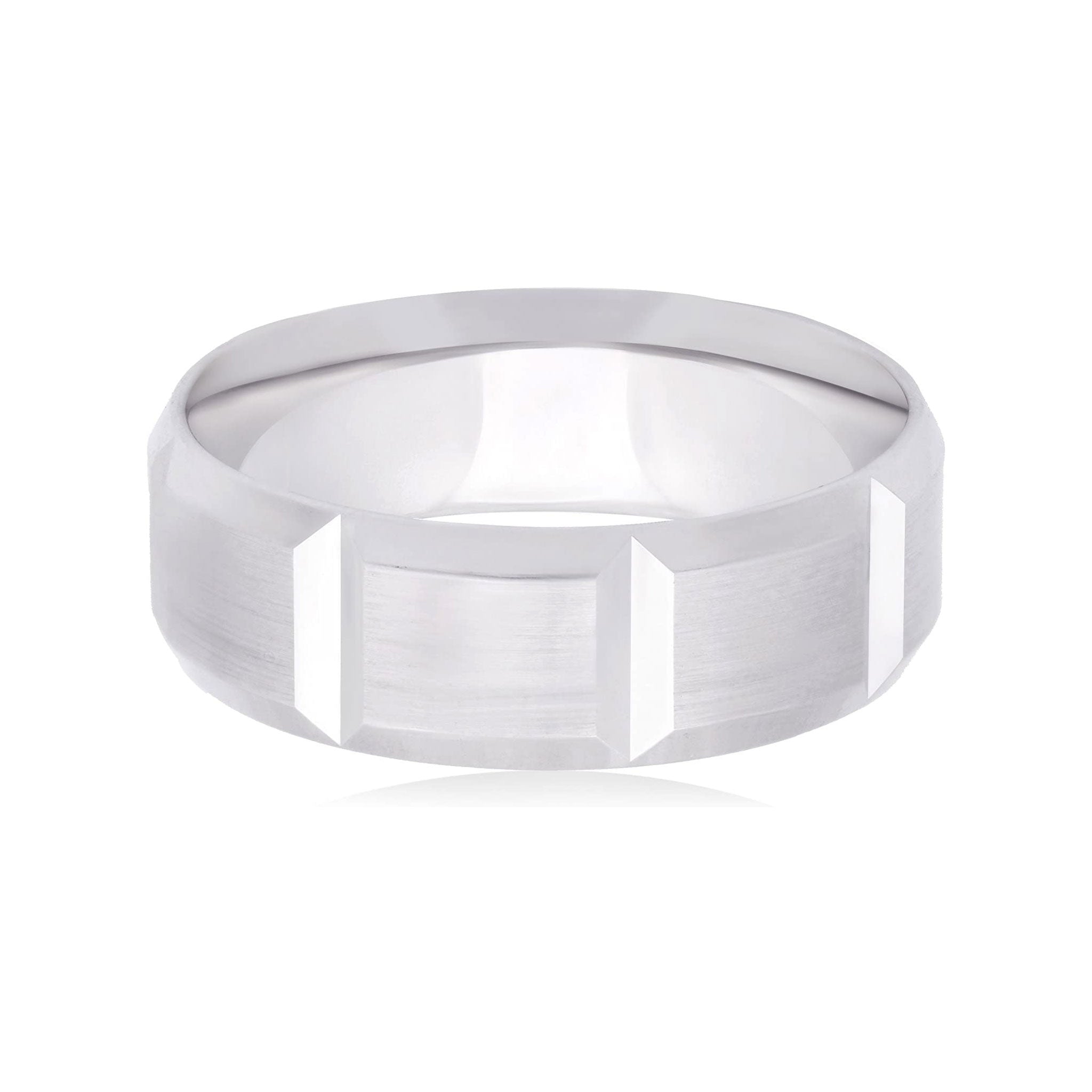 14K White Gold 7mm Satin-finished Center w/ Polished Vertical Grooves and Sleek Beveled Edges