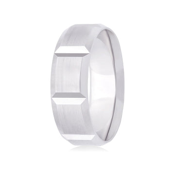 14K White Gold 7mm Satin-finished Center w/ Polished Vertical Grooves and Sleek Beveled Edges